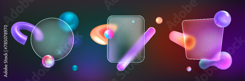 Transparent frosted acrylic frame with 3d geometric shapes in glass morphism style. Glassmorphism plates with blur effect. Violet realistic volumetric glossy gradient neon objects under matte frames.