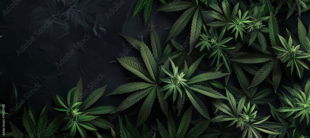Cannabis plants, leaves, banner, top view Cannabis plants, leaves, banner, top view