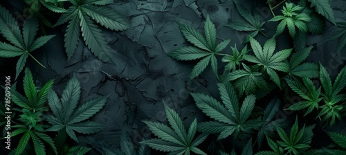 Cannabis plants, leaves, banner, top view