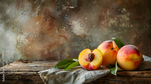 Peaches with leaves on the old wooden table , Beautiful ripe orange apricots with leaves on old wooden board , Tasty organic peaches on a wooden table, healthy food 
