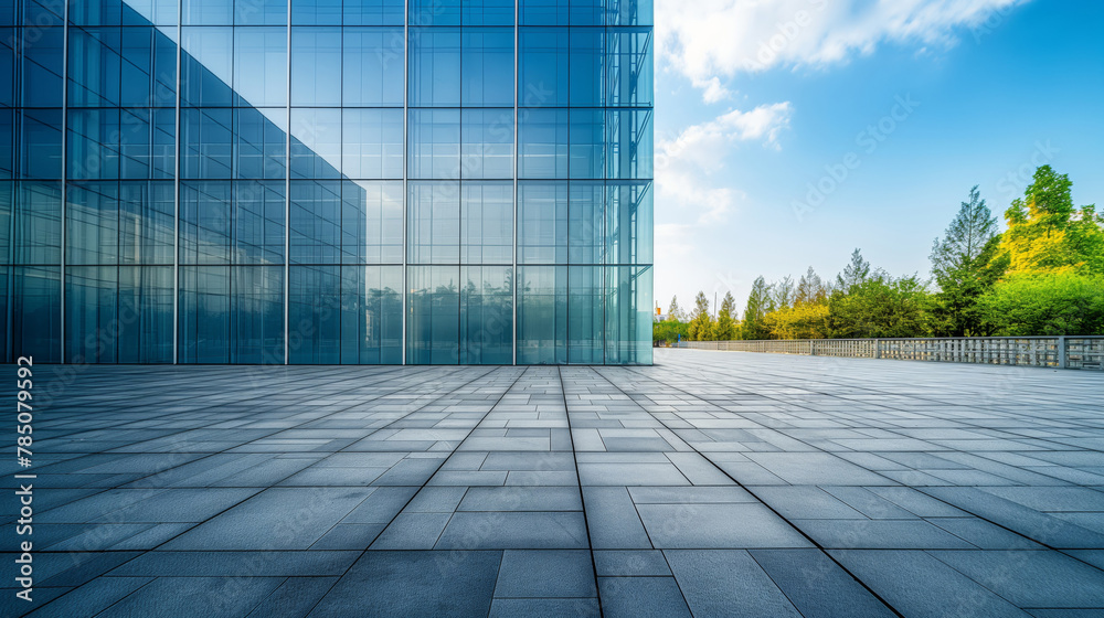 Fototapeta premium Modern glass building facade with open plaza