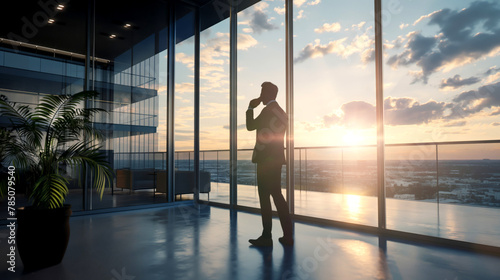 Businessman contemplating at sunset in office