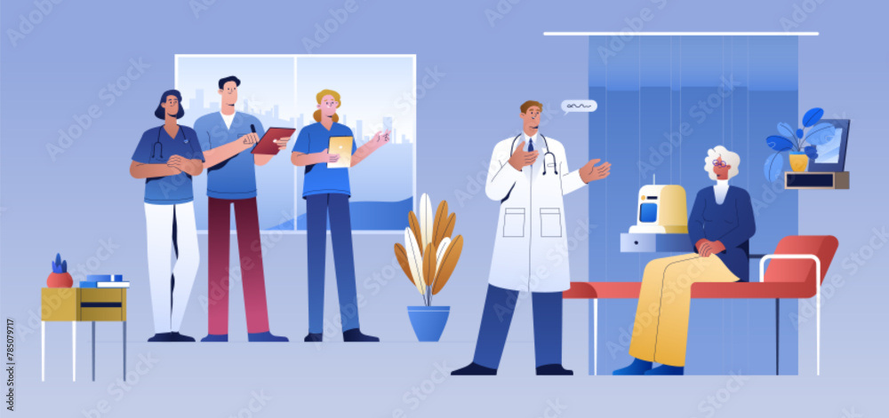 Flat medical students and doctor professor with patient in hospital room. Young healthcare specialists or group of interns in uniform training in diagnostics. Therapist characters and nurses in clinic