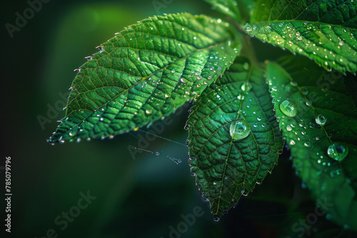 A macro shot of dewdrops on a spider web interlaced through a leaf, each droplet magnifying the intr photo