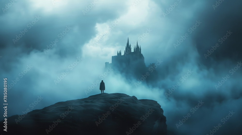 Dark Gothic Fantasy Castle Foggy Landscape Cloudy Sky with the Silhouette of a Person on a Hill in Front