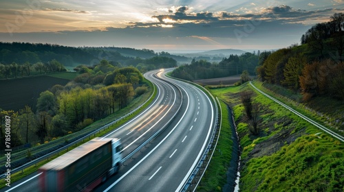 A high-angle shot of a freeway curve with a truck taking the lead, its motion blur contrasting with the static beauty of the surrounding landscape, showcasing the blend of nature and industry.
