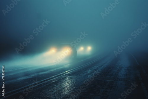 A photograph of headlights shining through a foggy night, the beams visually tangible as they cut th
