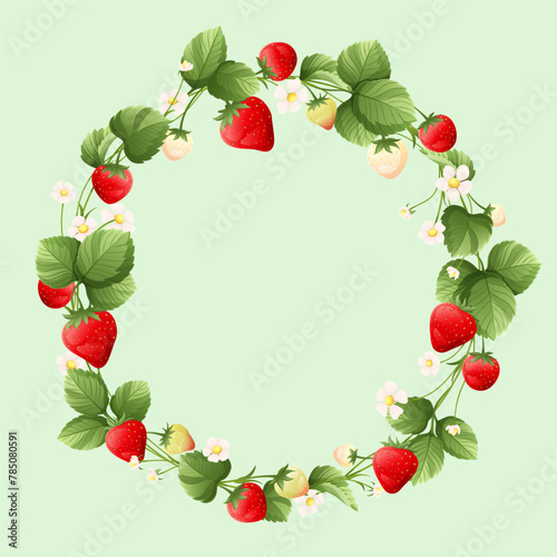 a wreath of strawberries and leaves with a green background.