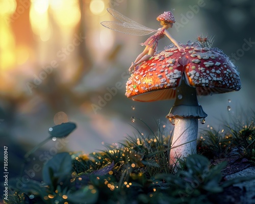 Fairy perched on a dewy mushroom, magical forest, sunrise, closeup, whimsical charm