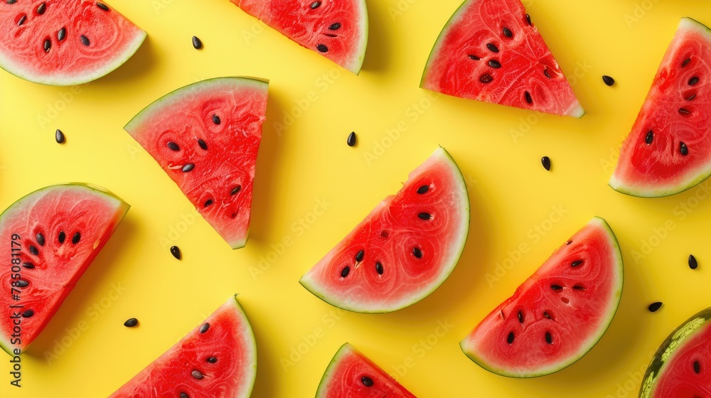 Above view at watermelon cut parts on yellow background Above view at watermelon cut parts on yellow background