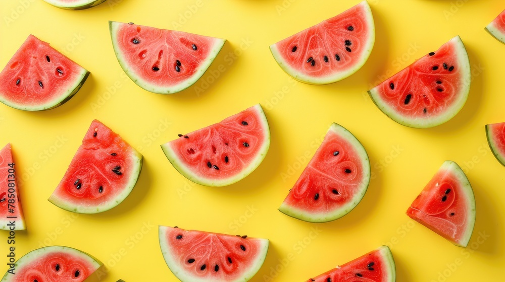 Above view at watermelon cut parts on yellow background Above view at watermelon cut parts on yellow background