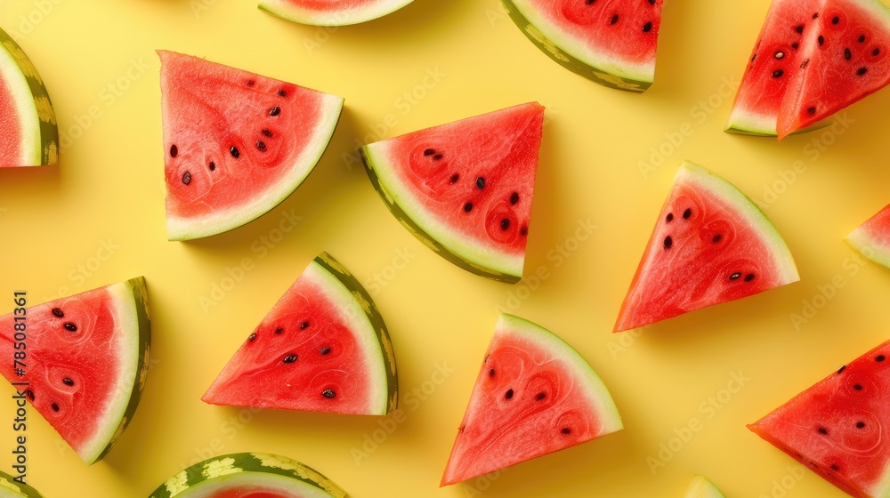 Above view at watermelon cut parts on yellow background