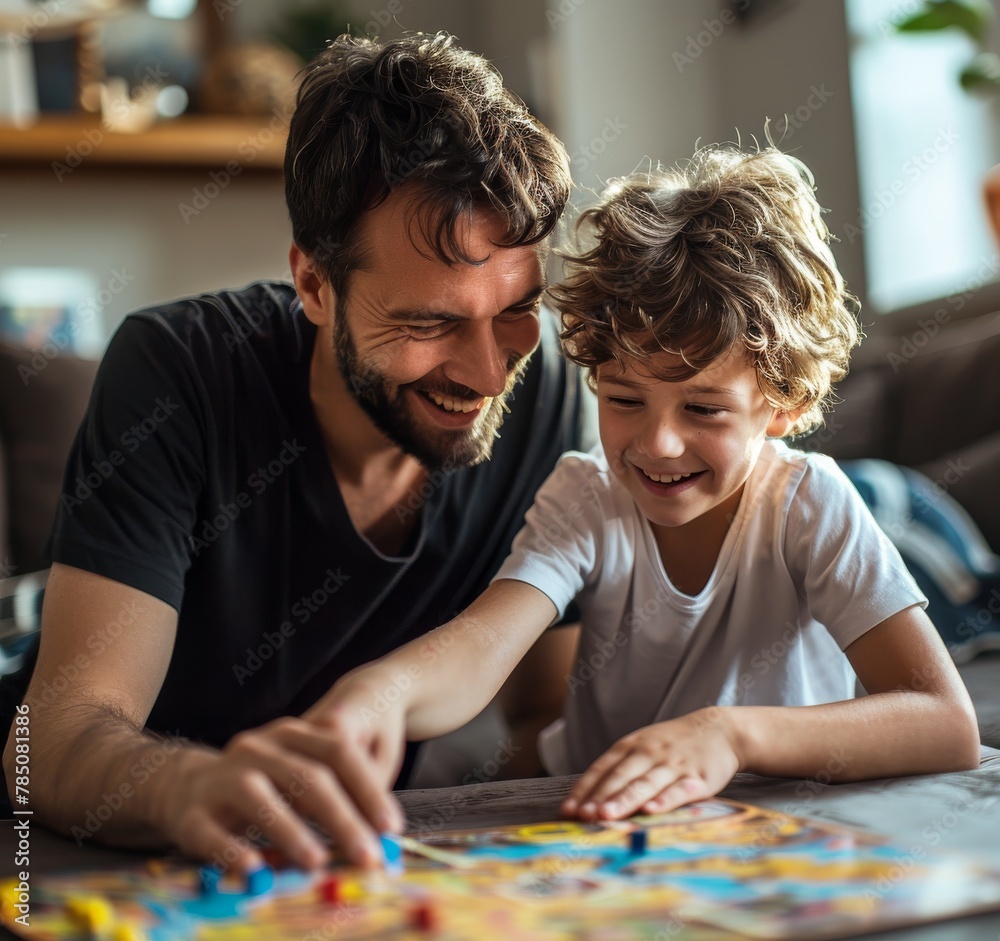 Adult male friends sharing laughter while playing a colorful tabletop game at home Adult male friends sharing laughter while playing a colorful tabletop game at home