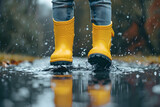 Children's feet in yellow rubber boots jumping over a puddle in the rain, front view
