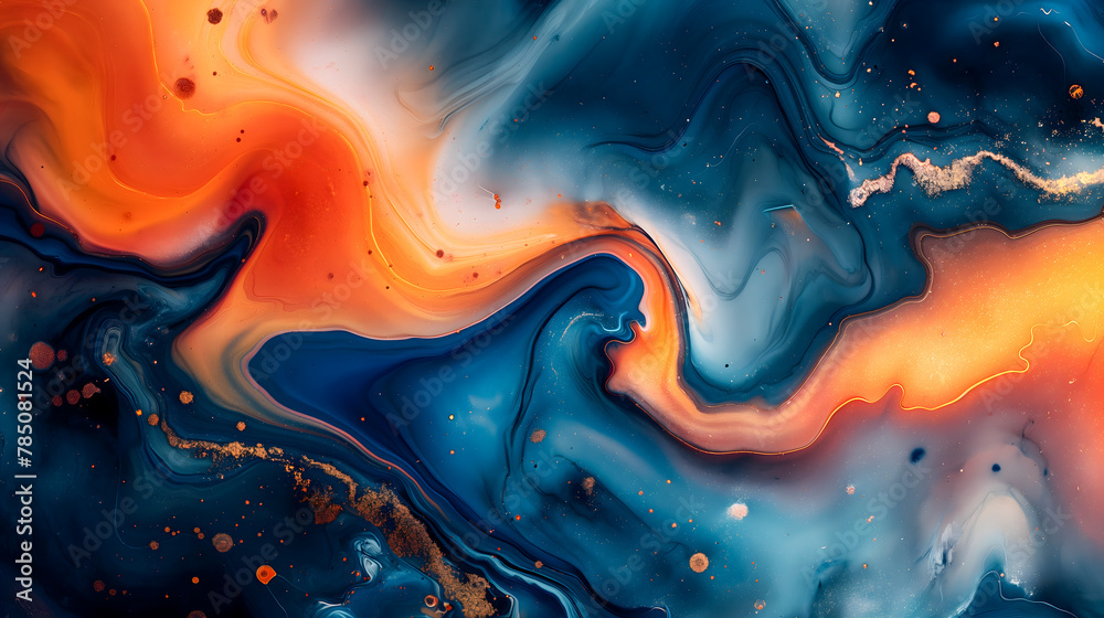 Marbled blue and orange abstract background. Liquid marble ink pattern.
