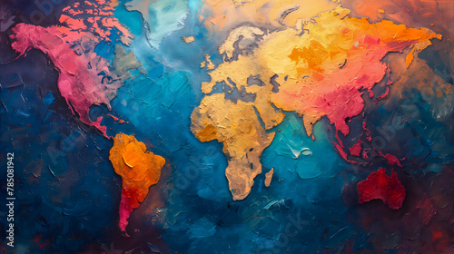 Map of the world painted with oil paints. Colorful background.