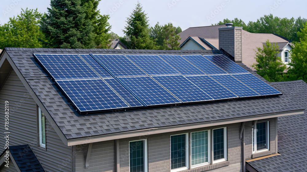 Solar panels on the roof of a house. Photovoltaic modules for renewable energy.