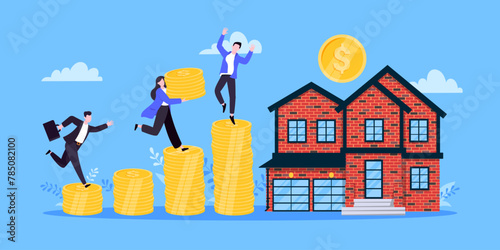 Mortgage refinance to buy a house flat style design business concept. Real estate property or mortgage loan investment. Business people climb money coin stack and home building vector illustration.