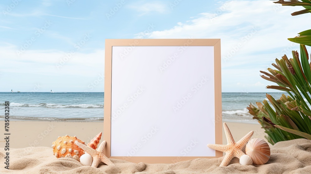 Empty photo frame on a beach background with sand. AI generated. A mockup of the coastline landscape. Natural Business template for vacations and sunny beach holidays Empty photo frame on a beach background with sand. AI generated. A mockup of the coastline landscape. Natural Business template for vacations and sunny beach holidays
