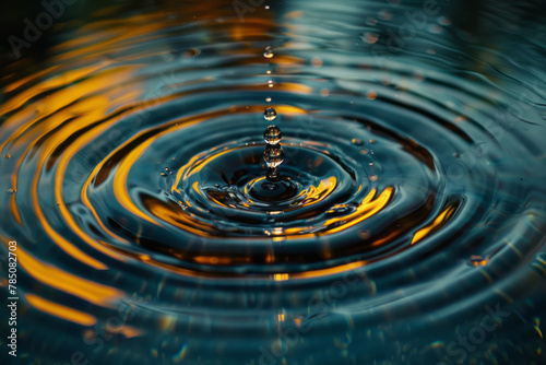 An image capturing oil droplets as they are gently dropped into a tank of water  the ripples creatin