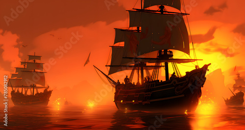 three large ships on the water at sunset
