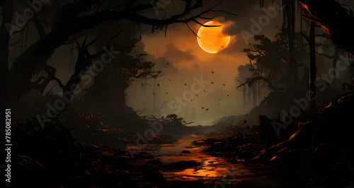 a creepy forest with the moon in the sky