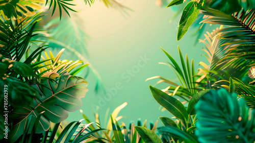A green background with tropical leaves framing the edges  creating an elegant summer atmosphere. Copy space.