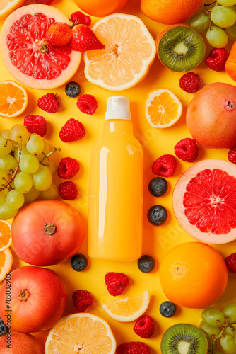 A shampoo bottle with fresh fruits and berries. Flat lay.