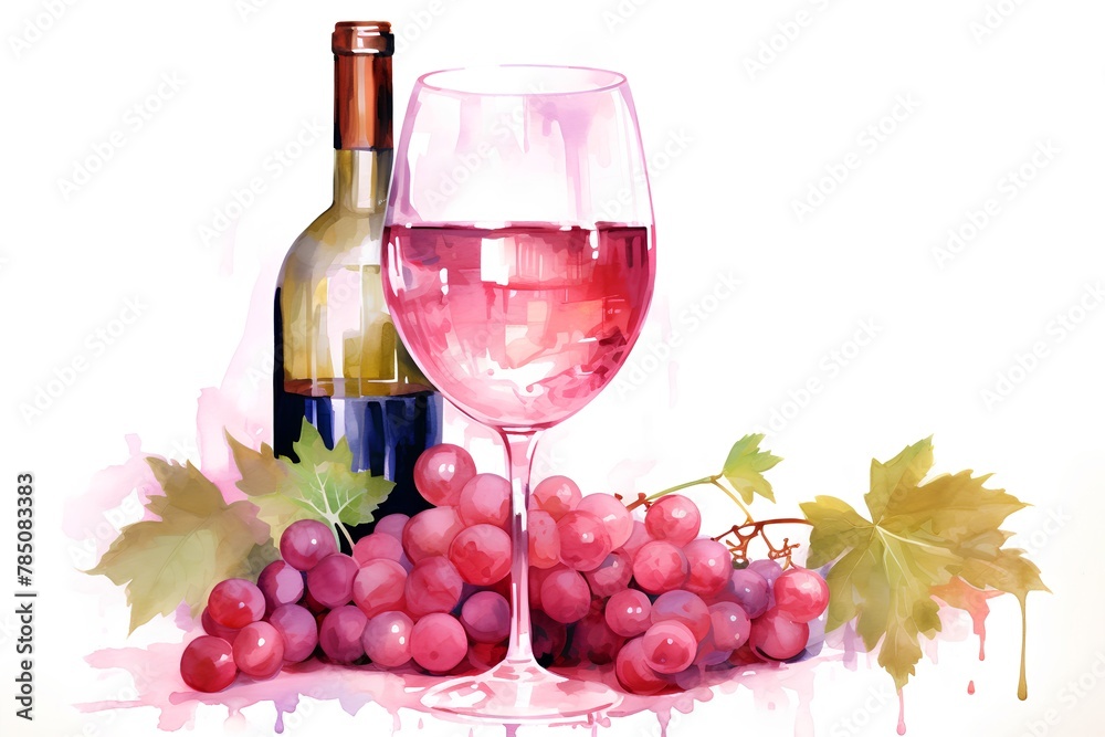 Bottle of wine, glass and bunch of grapes on white background