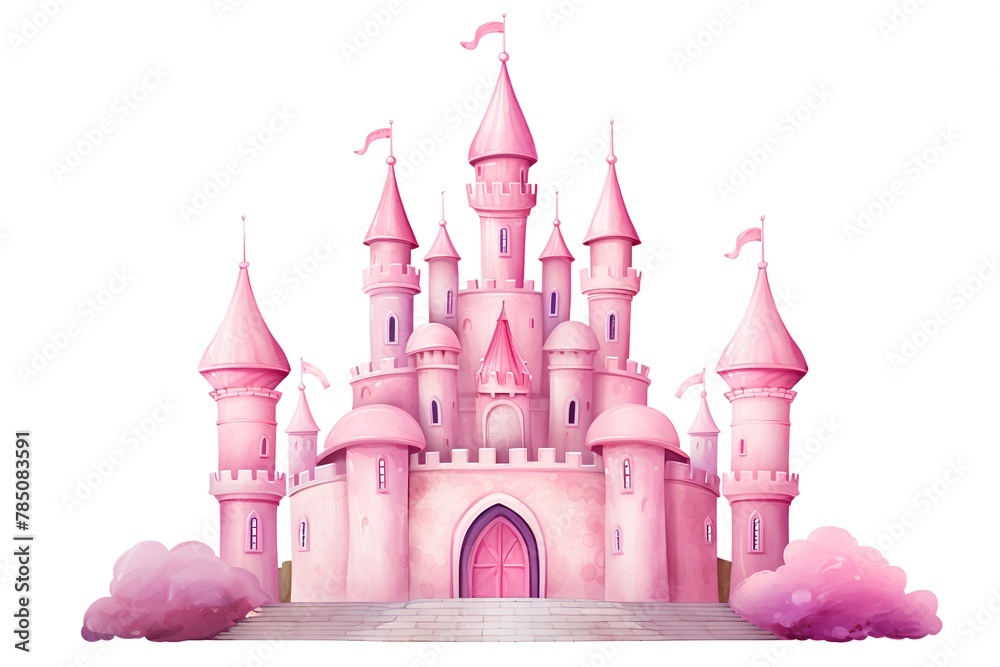 Obraz premium Pink princess castle on white background. Cartoon vector illustration. Fantasy fantasy castle.