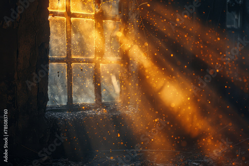 An image showing the golden hour light streaming through an old, dusty attic window, illuminating mi