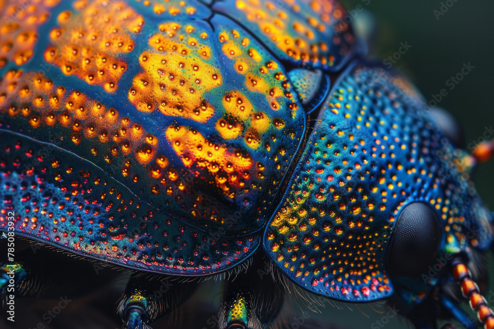A close-up of the metallic sheen on a beetle's wing cover, the scales reflecting light in such a way A close-up of the metallic sheen on a beetle's wing cover, the scales reflecting light in such a way