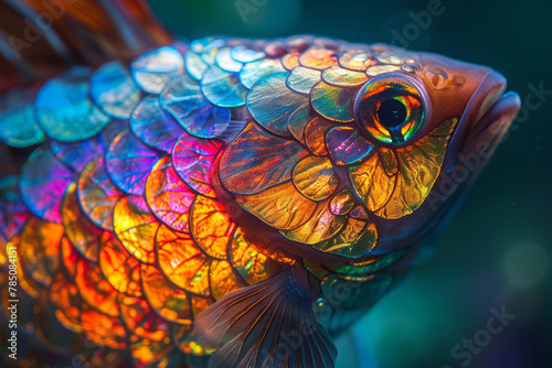 A close-up of the vibrant, iridescent scales of a tropical fish, each scale glowing as if lit from w