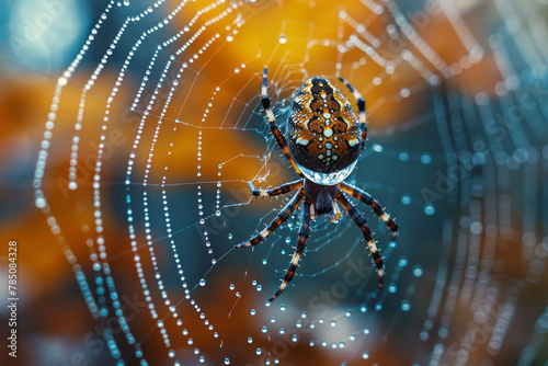 A close-up showing a single dewdrop on a spider web about to fall, suspended in time and reflecting