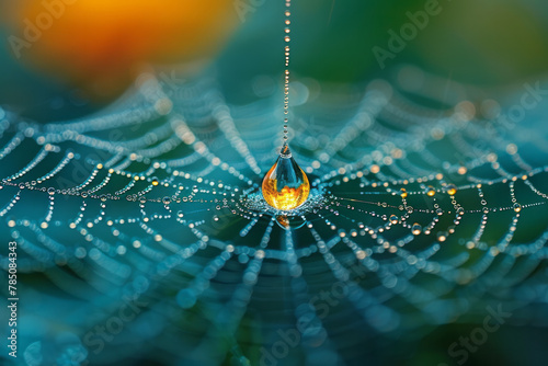 A close-up showing a single dewdrop on a spider web about to fall, suspended in time and reflecting photo