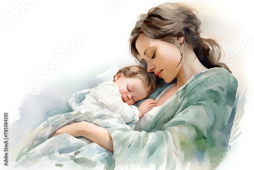 Young mother with her newborn baby in the bed. Watercolor painting