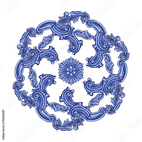 Vector decorative circular pattern blue and white design with frame or border. Baroque Vector mosaic. Traced watercolor.