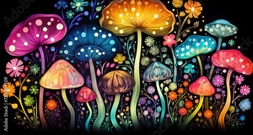 a multi colored painting of a bunch of mushrooms