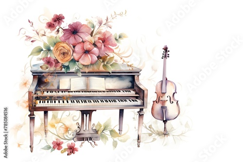 Beautiful vector card with watercolor piano, violin and flowers. photo