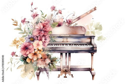 Beautiful vector image with nice watercolor hand drawn piano and flowers photo