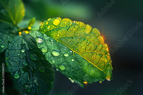 A detailed shot of a raindrop on a leaf, where the light magnifies and distorts the green veins into