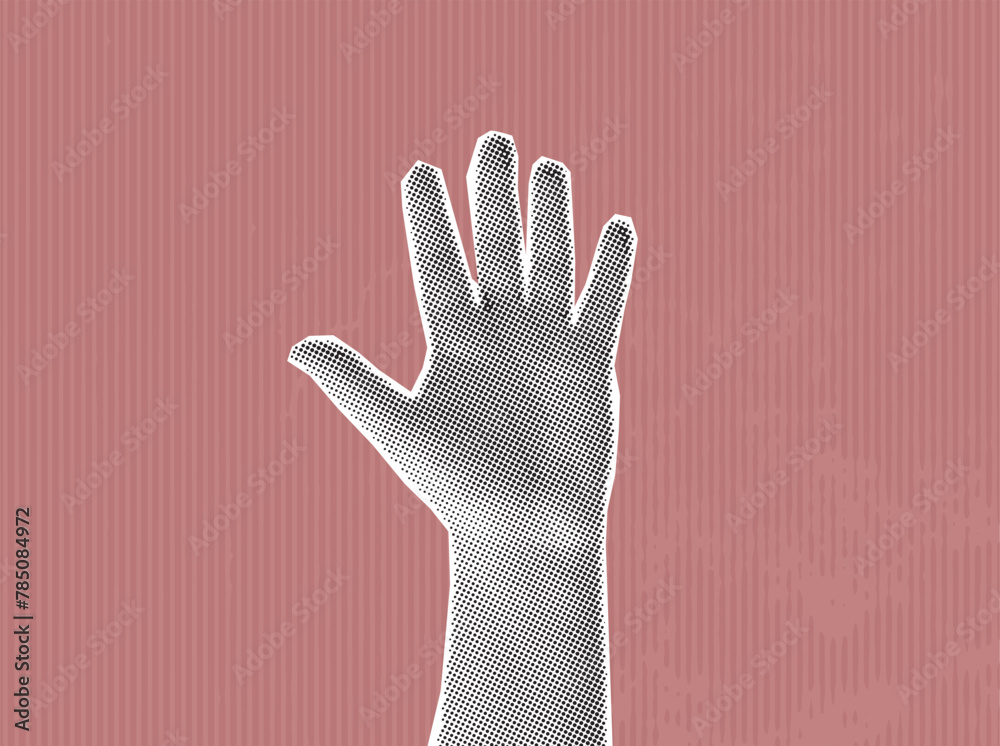 female hand on a pink background, halftone collage, trend design, magazine style, vector illustration