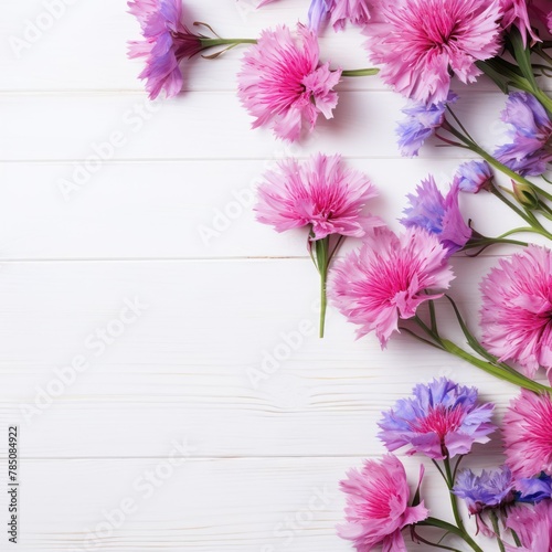 Beautiful pink cornflower flowers on a white wooden background  in a top view with copy space for text