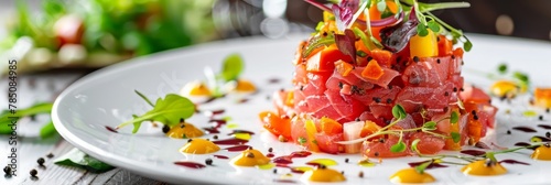 Tuna Tartar, Tatar or Tar-Tar, Chopped Red Fish Fillet, Vegetables and Greens on White Plate photo