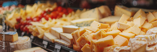 Wide variety of gourmet cheeses deliciously arranged at a market, perfect for food enthusiasts and culinary experiences