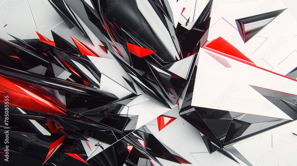 Contrast-rich 3D fractals in black, white, and red, suggesting dynamic modernity.