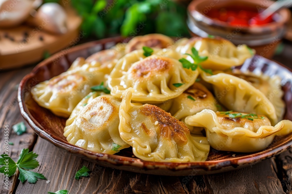 Giurza or Gyoza, Dim Sum, Jiaozi, Momo, Mandu or Ravioli, Azerbaijani Fried Dumplings with Minced Meat Giurza or Gyoza, Dim Sum, Jiaozi, Momo, Mandu or Ravioli, Azerbaijani Fried Dumplings with Minced Meat