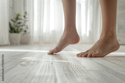 Barefoot on white wooden floor. Close up view of bare foots walking at minimalistic cozy home background. Skin care, cosmetology, health concept. Healthcare and podiatry. Heated warm floor. Legs, heel