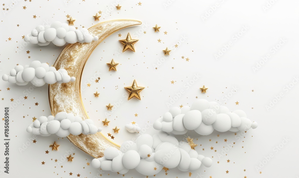 Golden crescent moon and stars with white clouds, 3d style. Golden crescent moon and stars with white clouds, 3d style.