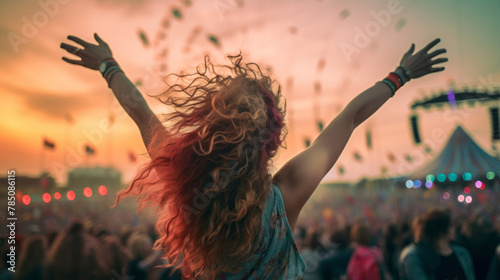 Back view of a happy young woman dancing at a music festival